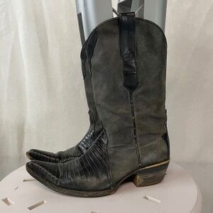 Vintage Western Cowboy Boots Snake Lizard Skin Accent Black Gray Mens Sz 8
